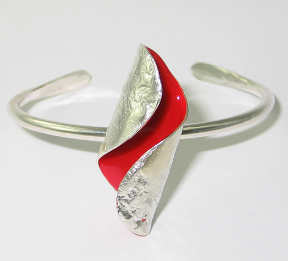 Large Silver and Red Enamel Bangle
